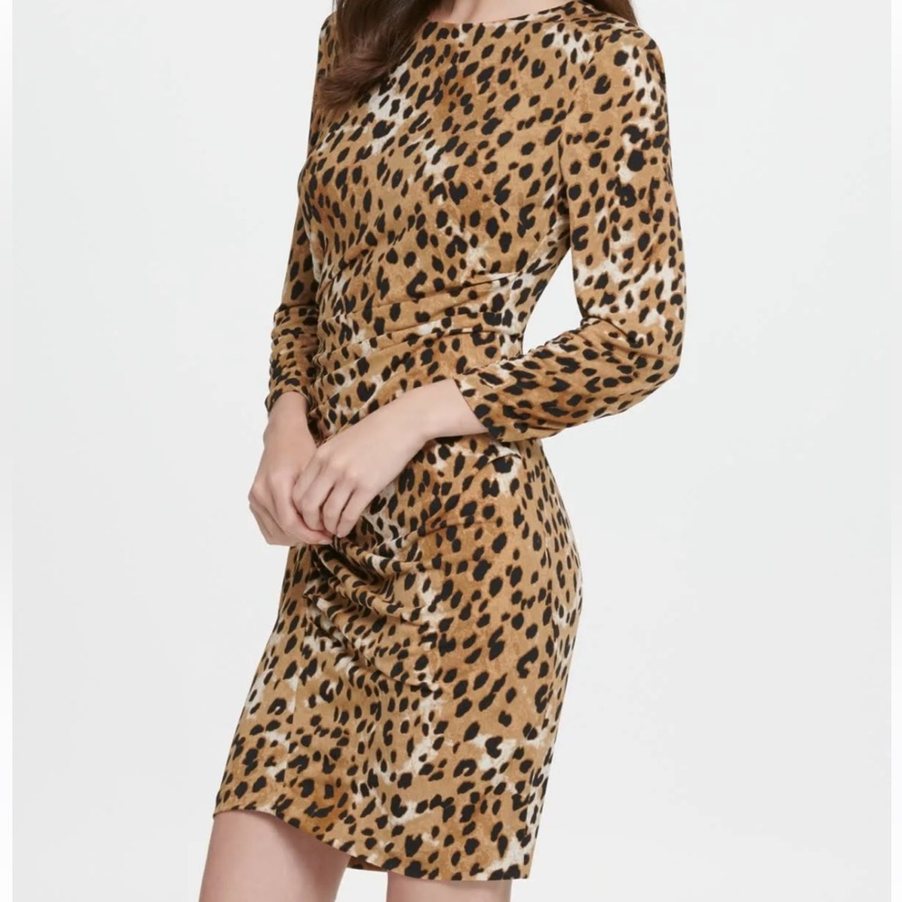 DKNY Animal Print 3/4 Sleeve Ruche Sheath Dress